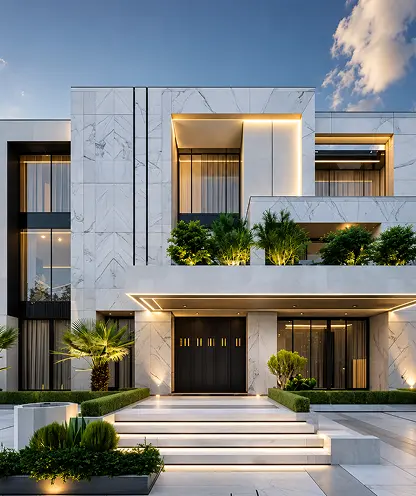ELYSÉE II marble-clad exterior facade at dusk