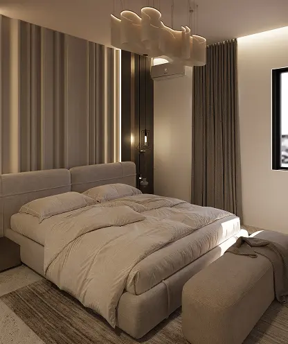 Guest bedroom with backlit headboard wall at ELYSÉE II