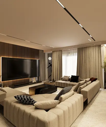 ELYSÉE II living room with modular sofas and media wall