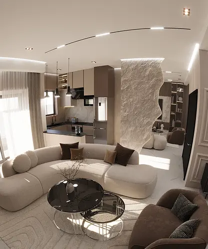 Wide view of the ONYX Elite living and kitchen space