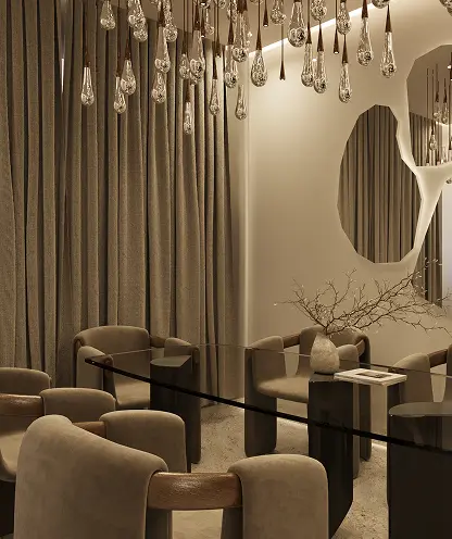 ELYSÉE II dining room with sculptural chandelier